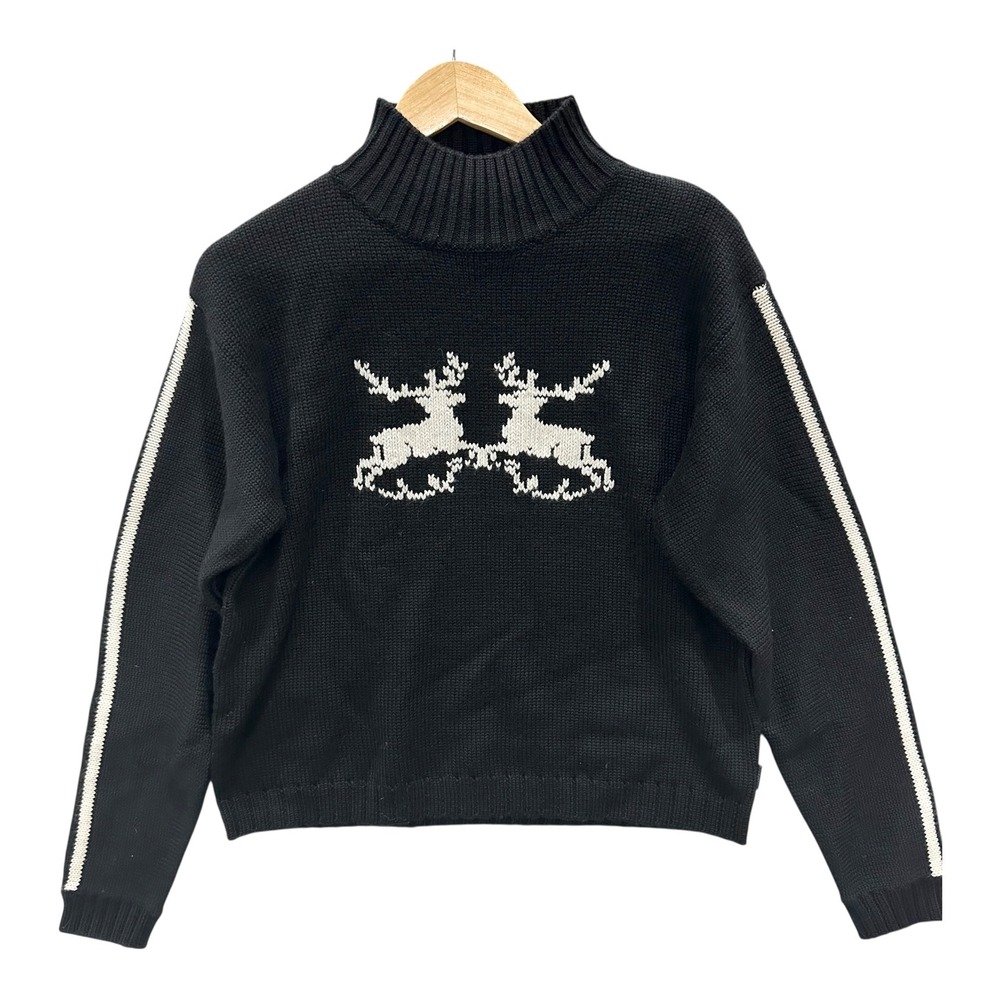 Vintage Obermeyer Carla Ski Sweater L Black Reindeer Wool Blend Mock Neck